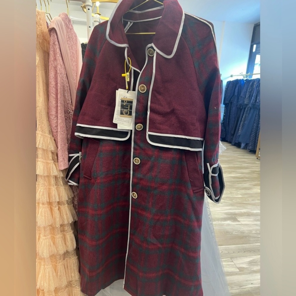 Elegant Burgundy Plaid Real wool Trench Coat with White Trim